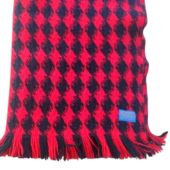 Vintage Pendleton Wool Blanket Houndstooth Wool Stadium Throw Fringe Black Red - Picture 1 of 11